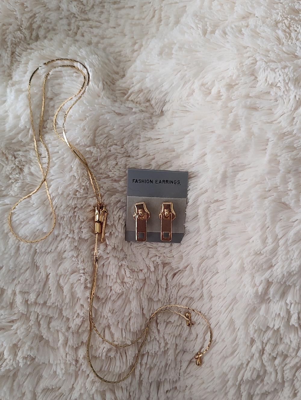 Gold Tone Zipper Charm Earrings and Chain Necklace Set